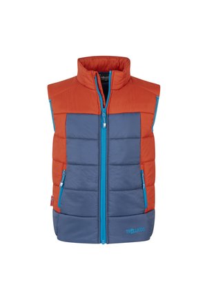 Child’s sleeveless padded vest with high collar, front zipper, two side zip pockets, in orange and blue with blue trim and logo.