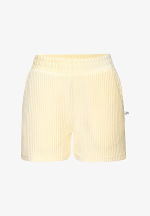 Roomkleurige ribgebreide korte broek met elastische tailleband en klein zijlabel op een effen witte achtergrond.