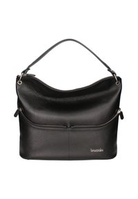 Pochette in pelle nera con superficie texturizzata, parte superiore curva e tracolla removibile. Presenta una tasca con zip frontale e il logo del brand.