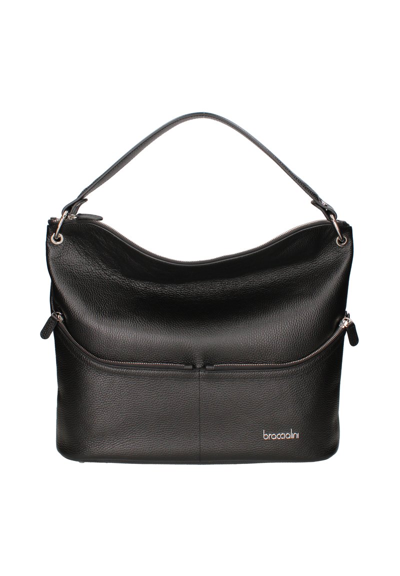 Pochette in pelle nera con superficie texturizzata, parte superiore curva e tracolla removibile. Presenta una tasca con zip frontale e il logo del brand.