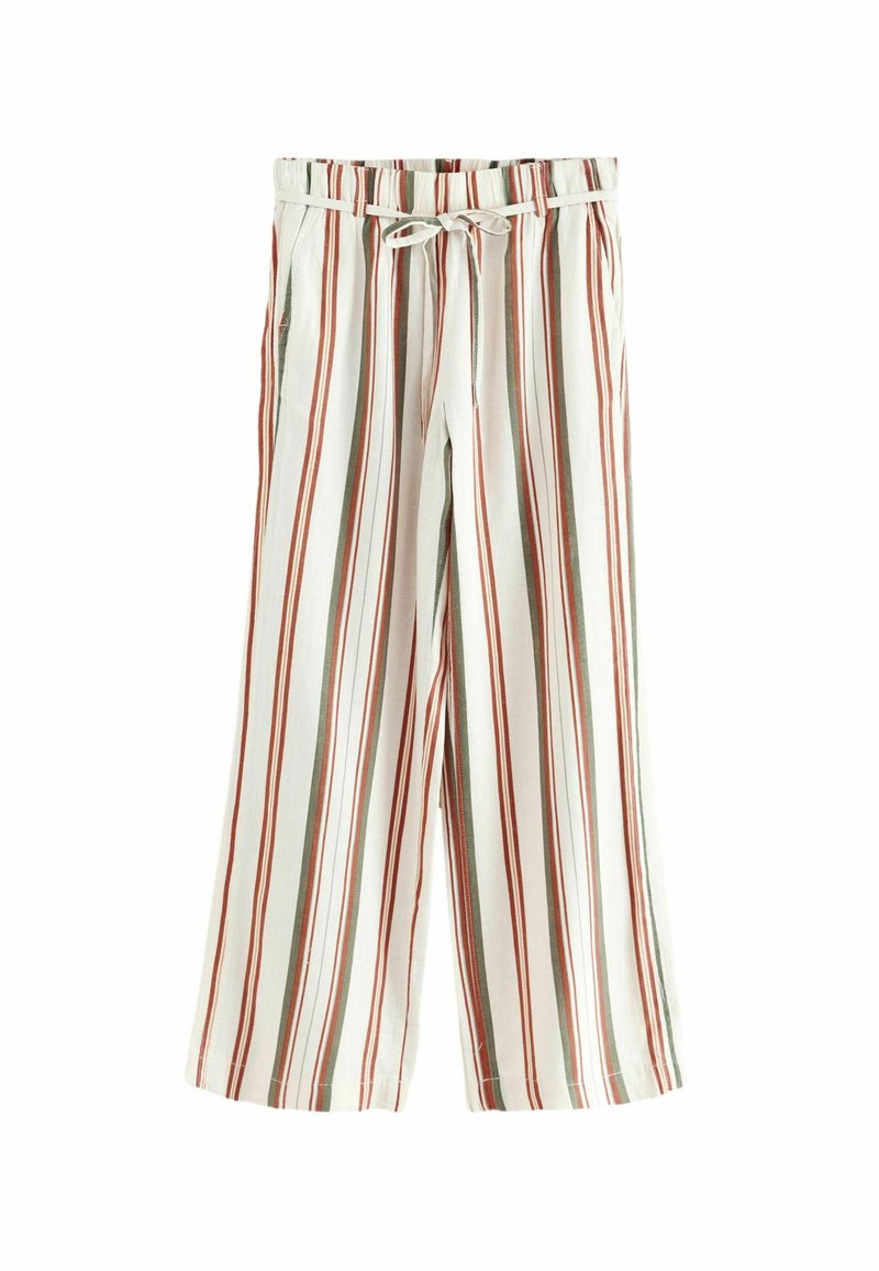 Pantalons larges à rayures, avec un tissu doux aux rayures rouges, vertes et crème, une taille élastique et un détail de nœud à l'avant.