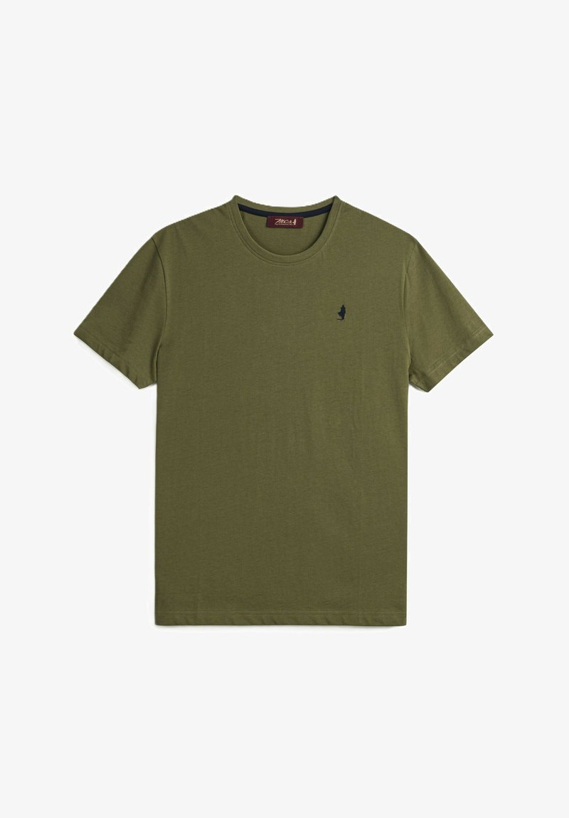 T-shirt in cotone verde oliva con maniche corte, scollatura rotonda e un piccolo logo nero sul lato sinistro del petto. Texture liscia, design informale.