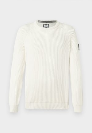 White ribbed pullover sweater with a crew neckline, long sleeves, and a black accent on the left sleeve. Soft texture, casual design.