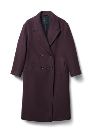 Doppelreihiger, langer Wollmantel in tiefem Pflaumenfarbe, mit breiten Revers, zwei frontalen Taschen und schwarzen Knöpfen zum Verschließen.