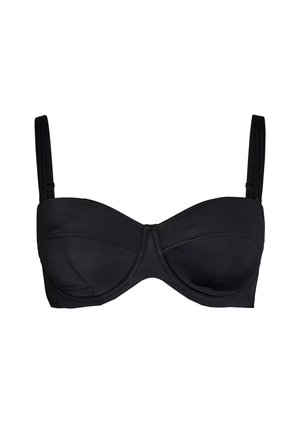 Juodas liemenėlė su lankeliais, reguliuojamais petnešėlėmis ir formuotomis taurelėmis, skirta palaikymui ir formavimui.