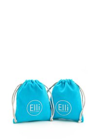 Turquoise drawstring bags made of soft fabric feature a circular logo with the text "Elli by Julie & Grace" in white.