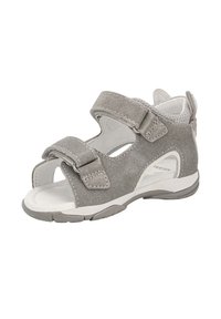 Sandalo in suede grigio con due cinturini regolabili in velcro, design aperto, fodera interna bianca e suola grigia texturizzata. Leggero e traspirante.