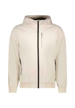 Lichtbeige capuchonjack met een ritssluiting aan de voorkant, twee zijzakken en een borstzak. Gladde textuur en elastische boorden aan de mouwen.
