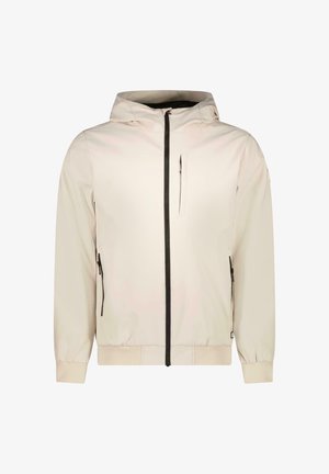 Lichtbeige capuchonjack met een ritssluiting aan de voorkant, twee zijzakken en een borstzak. Gladde textuur en elastische boorden aan de mouwen.
