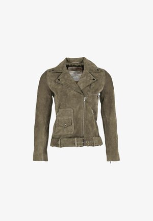 Jakna od maslinasto zelene brušene kože u stilu bajkera, s reverom s urezom, asimetričnim patentnim zatvaračem, strukom s remenom i dva prednja džepa.