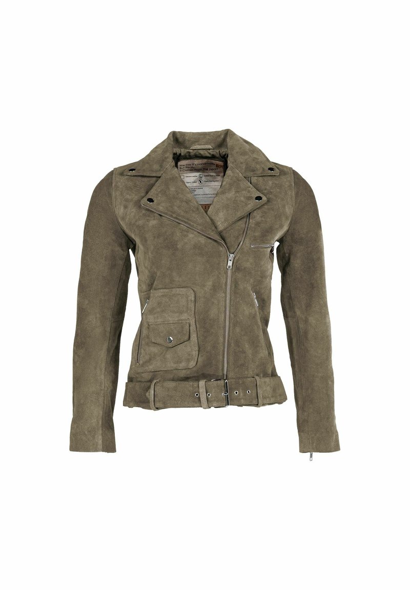 Olívazöld velúr motoros dzseki bevágott gallérral, aszimmetrikus cipzárral, öves derékrésszel és két első zsebbel.