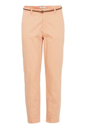 Peach-colored slim-fit trousers with a matching thin belt, front closure, and minimal stitching details.
