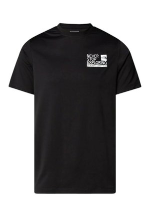 T-shirt nera in cotone con scollo rotondo. Presenta sulla parte anteriore il testo grafico bianco "NON SMETTERE MAI DI ESPLORARE" e le coordinate.