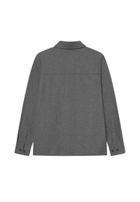 Γκρι πουκάμισο-τζάκετ από μάλλινο μείγμα με αναδιπλούμενο γιακά, μακριά μανίκια, κουμπωτές μανσέτες και ευθεία γραμμή.