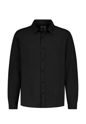 Schwarzes langärmliges Hemd mit Knöpfen, Kragen, vorderen Knöpfen und geknöpften Manschetten, dargestellt auf weißem Hintergrund.