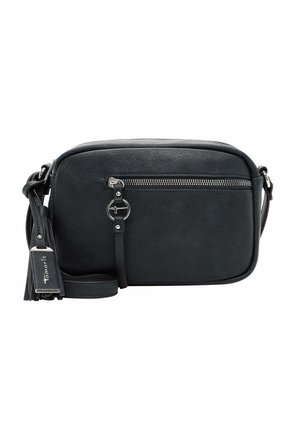 Black rectangular crossbody bag with front zip pocket, silver zipper, round logo charm, and adjustable strap with branded tassel detail.