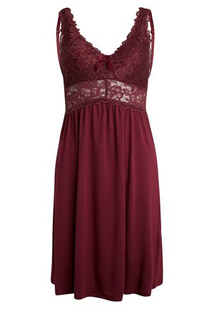 Rochie de noapte burgundă, cu dantelă decorativă și decolteu în V, bretele reglabile și un fund fluid cu un detaliu delicat din panglică la bust.
