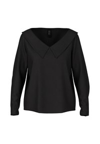 Schwarze langärmlige Bluse mit weitem V-Ausschnitt und legerem Schnitt, vor einem weißen Hintergrund präsentiert.