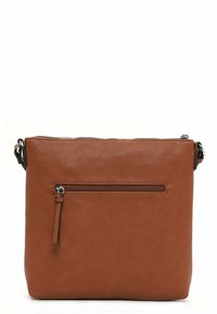 Borsa a tracolla in pelle marrone con superficie texture, chiusura con zip, tasca frontale con zip e tracolla regolabile. Forma rettangolare, design minimalista.