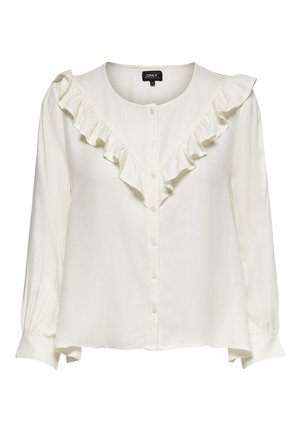 Weiße Langarmbluse mit Knopfleiste vorne und Rüschensaum, der sich in V-Form über Brust und Schultern zieht.