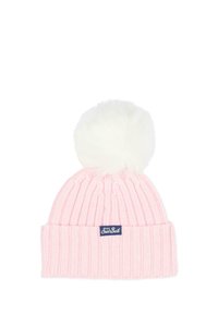 Beanie in maglia rosa con pom-pom bianco, caratterizzato da texture a coste e risvolto, con una toppa logo blu.
