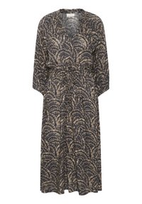 Pitkähihaine midi-mekko, jossa on joustava vyötärö ja abstrakti tummansininen ja beige puoliympyräkuvio.