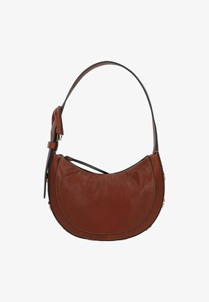 Brown leather shoulder bag with a curved shape, zippered closure, and a detachable strap. Features gold hardware accents and visible stitching.