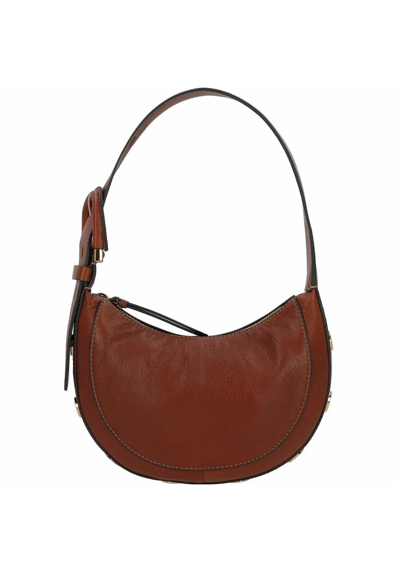 Borsa a spalla in pelle marrone con forma curva, chiusura con zip e tracolla removibile. Presenta dettagli in metallo dorato e cuciture in vista.