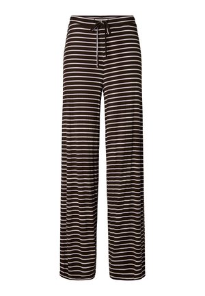 Gestreifte weit geschnittene Hose in Braun und Weiß, mit einem Kordelzugbund. Der Stoff hat eine glatte Textur und ein leichtes Design.