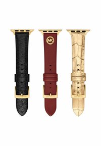 Tre cinturini per orologi: pelle nera testurizzata, pelle bordeaux liscia con logo e pelle con motivo coccodrillo dorato in rilievo, tutti con fibbie dorate.