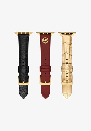 Tres correas de reloj: cuero negro texturizado, cuero burdeos liso con logo y patrón de cocodrilo dorado grabado, todas con hebillas doradas.