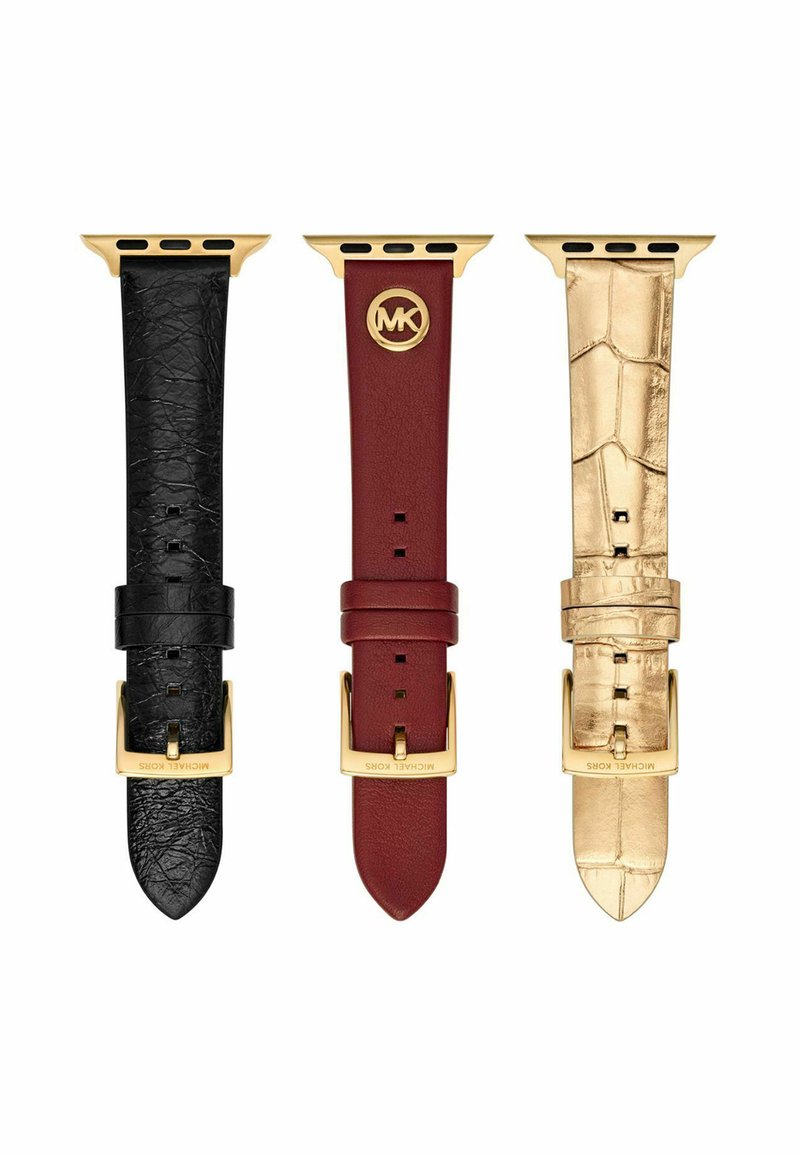 Tre cinturini per orologi: pelle nera testurizzata, pelle bordeaux liscia con logo e pelle con motivo coccodrillo dorato in rilievo, tutti con fibbie dorate.