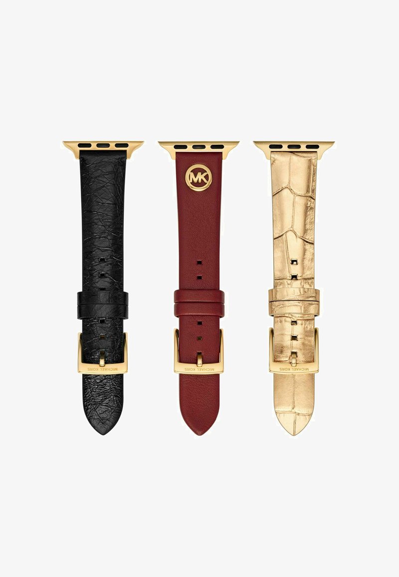 Trzy paski do zegarków: czarny tłoczony skórzany, bordowy gładki skórzany z logo oraz złocony wzór krokodyla, wszystkie z złotymi klamrami.