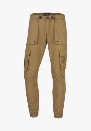 Khaki cargo kalhoty vyrobené z odolné látky, obsahující několik bočních kapes, přiléhavý design s elastickými manžetami a uzávěrem na knoflíky.