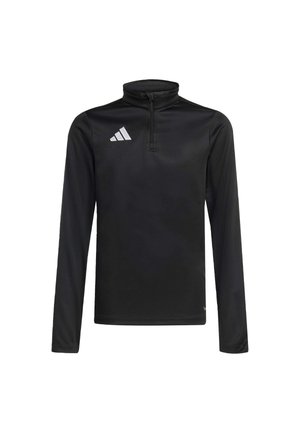 Pull-over de sport noir à manches longues avec col zippé au quart et logo blanc Adidas sur la poitrine gauche.