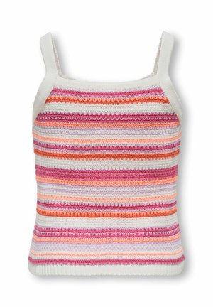 Knitted sleeveless crop top with horizontal stripes in pink, orange, lavender, and white on a white background.