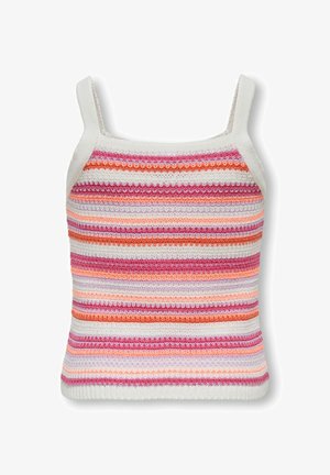 Top corto senza maniche lavorato a maglia con righe orizzontali in rosa, arancione, lavanda e bianco su sfondo bianco.