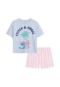 Lichtblauwe katoenen T-shirt met grafische print van Stitch en Angel, gecombineerd met roze en witte gestreepte shorts met een elastische tailleband.