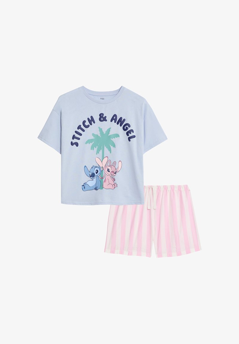 Light blue cotton T-shirt with graphic print of Stitch and Angel, paired with pink and white striped shorts featuring an elastic waistband.