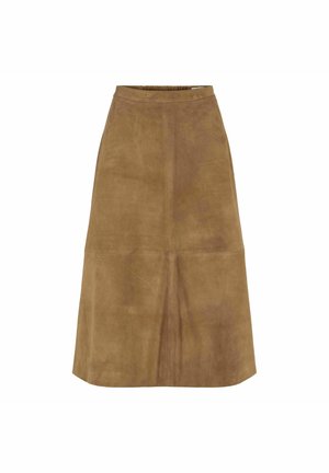 Brauner Midirock aus Wildleder mit geradem Schnitt, elastischem Bund und minimalen Nähten für ein klares Design. Glatte Textur und neutrale Farbe.