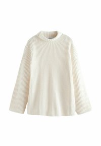 Cremfarbener, gerippter Strickpullover mit langen Ärmeln und einem hohen, lockeren Rundhalsausschnitt auf weißem Hintergrund.