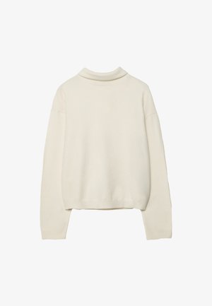 Kremasta turtleneck pulover, izdelan iz mehkega pletenega materiala, z dolgimi rokavi in sproščenim krojem, z ribanim manšetami in robom.