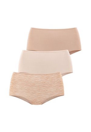 Three pairs of hipster underwear in light beige, nude, and a patterned tan with white stripes. Made from smooth, stretchy fabric.