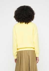 Żółta bluza z okrągłym dekoltem i długimi rękawami, wykonana z miękkiego materiału. Posiada prążkowane mankiety i prosty dół. Noszona z plisowaną spódnicą.