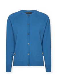 Cardigan blu in tessuto a maglia, con colletto rotondo, chiusura a bottoni e due tasche anteriori con bottoni dorati.