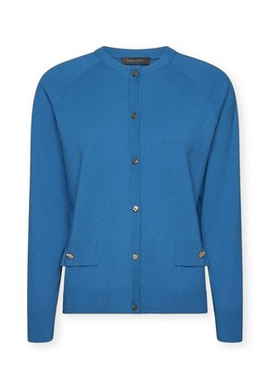 Cardigan blu in tessuto a maglia, con colletto rotondo, chiusura a bottoni e due tasche anteriori con bottoni dorati.