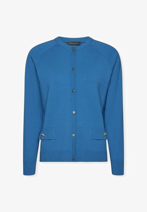 Blue cardigan made of knit fabric, featuring a round neckline, button front, and two front pockets with gold-tone buttons.