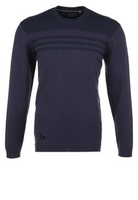 Navy blue sweater made of knit fabric, featuring a crew neck, long sleeves, and horizontal textured stripes across the chest.