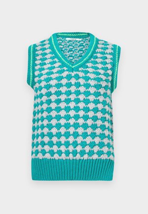 Türkiissinine ja valge kootud vest, millel on V-kaelus, lühikesed varrukad ja tekstuurse ruudulise mustriga. Servaosa on soonikuga detailne.