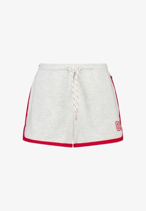 Lichtgrijze sportkorte broek met rode bies, een witte aantrekkoord met rode stiksels en rode "89" details op het onderbeen.